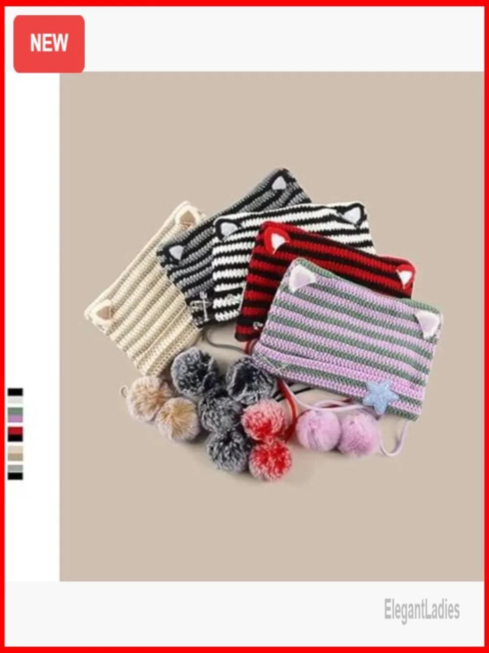 Y2K Crochet Beanie Cat Ear Star Grunge Aesthetic Pompoms Cute Kawaii Hat